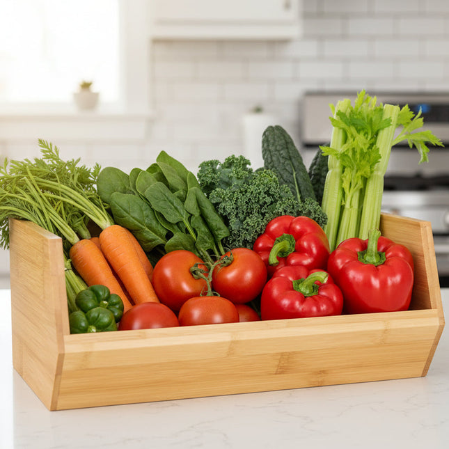 Bamboo Stackable Organiser – Wide holding assorted vegetables for kitchen and pantry organisation, ideal as storage organisers.