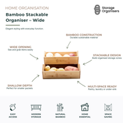 Wide bamboo stackable organiser for pantry, kitchen, laundry, under-sink, and household storage. Features durable natural bamboo construction, stackable design, wide-open access, and shallow-depth storage for easy visibility and organisation of produce, packets, snacks, household essentials, and everyday items while maximising storage space.