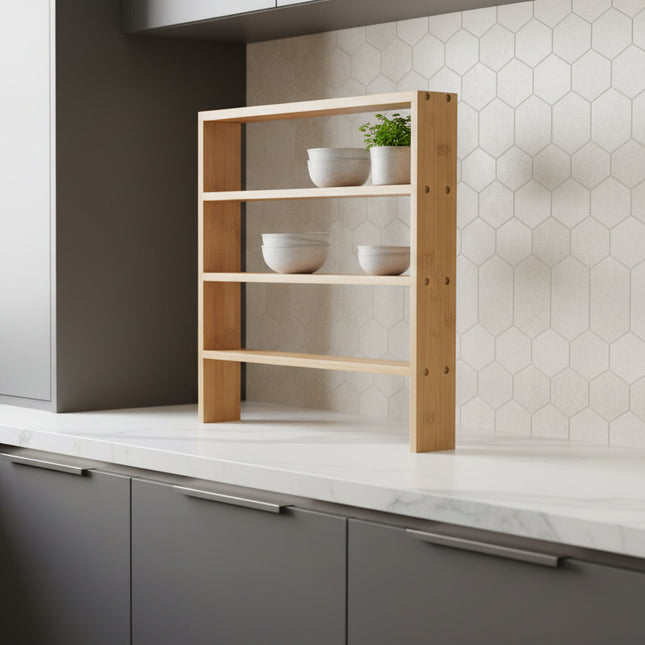 Bamboo Standing 4-Tier Shelf used for kitchen organisation, showcasing bowls and plants, ideal as storage organisers on a countertop.