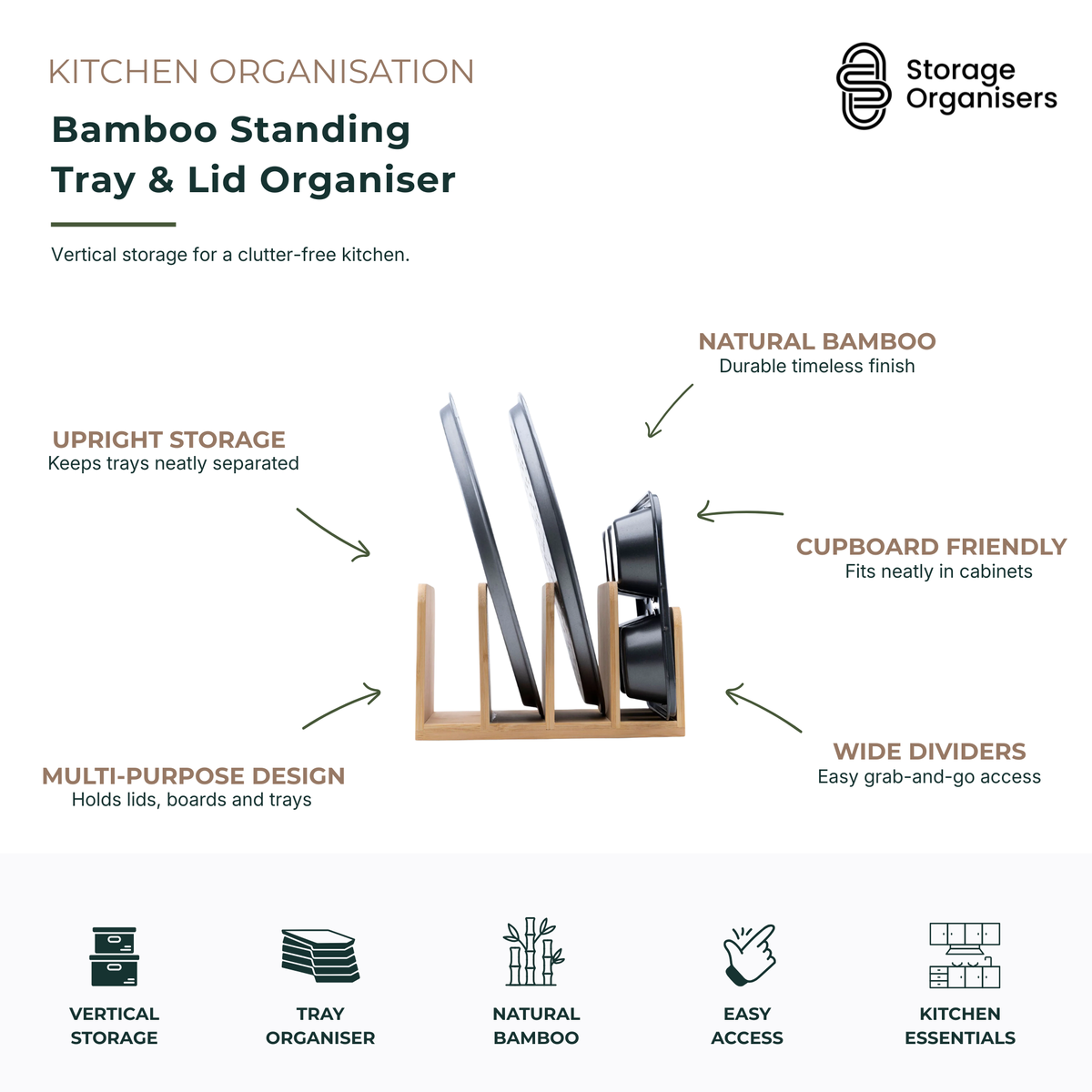 Bamboo standing tray and lid organiser with vertical storage slots for baking trays, chopping boards, pot lids, and serving platters. Natural bamboo kitchen organiser designed to maximise cupboard space, reduce clutter, and provide easy access to kitchen essentials.
