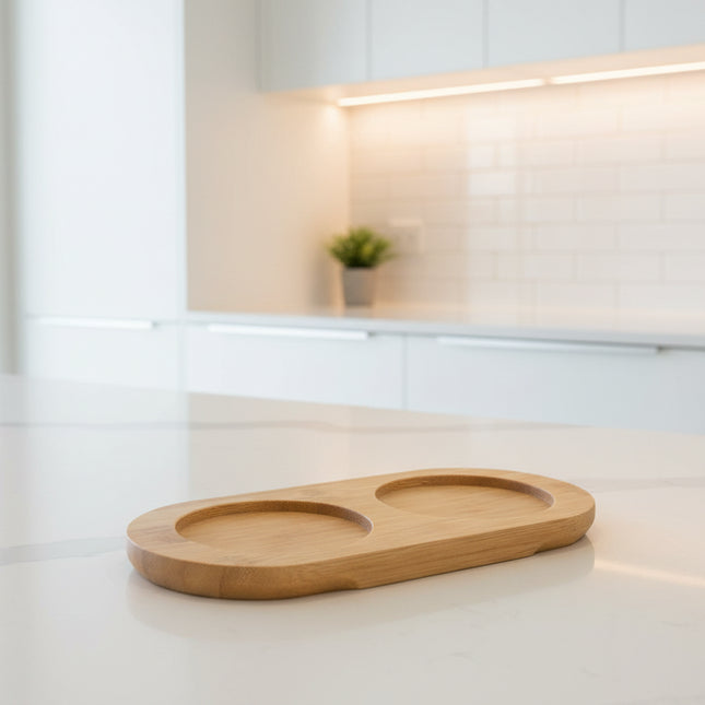 Bamboo Tray for Round Bottles – 500 ml placed on kitchen counter, ideal for storage organisers and enhancing kitchen organisation.