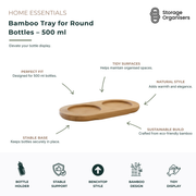 Bamboo tray for 500ml round dispenser bottles, designed to keep soap, lotion, shampoo, and dishwashing liquid bottles neatly organised on bathroom vanities and kitchen benchtops. Made from sustainable bamboo with recessed bottle holders for stability, creating a clean, stylish, and clutter-free sink-side display.