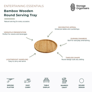 Round bamboo wooden serving tray designed for stylish food presentation, entertaining, and everyday serving. Crafted from durable natural bamboo, this lightweight serving platter is ideal for carrying drinks, snacks, appetisers, desserts, coffee, tea, and breakfast items. The raised edge helps keep items secure during transport, while the timeless round design complements kitchen benches, dining tables, coffee tables, and home décor. Perfect for serving guests, organising countertops, and adding a warm natu