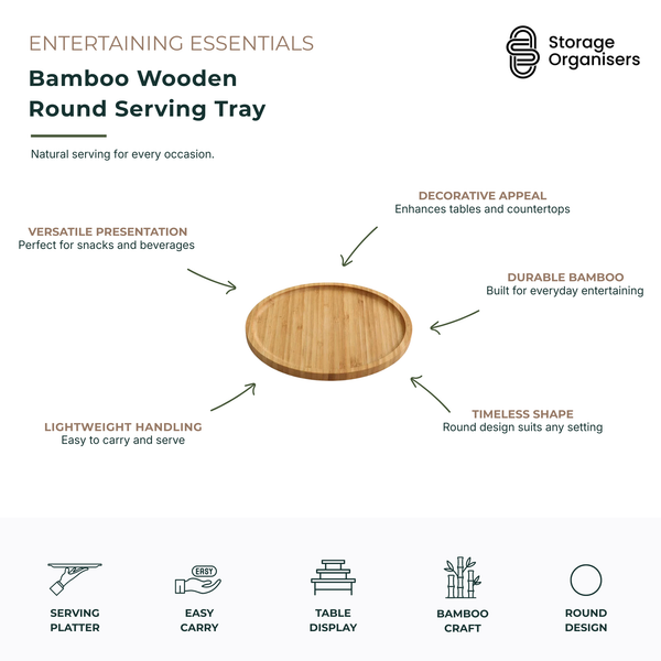 Round bamboo wooden serving tray designed for stylish food presentation, entertaining, and everyday serving. Crafted from durable natural bamboo, this lightweight serving platter is ideal for carrying drinks, snacks, appetisers, desserts, coffee, tea, and breakfast items. The raised edge helps keep items secure during transport, while the timeless round design complements kitchen benches, dining tables, coffee tables, and home décor. Perfect for serving guests, organising countertops, and adding a warm natu