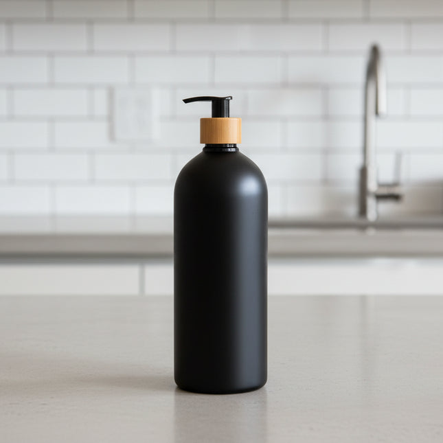 Black Bathroom Pump Bottle – 1 L Refillable Dispenser for kitchen bench, ideal for stylish and eco-friendly storage organisation.
