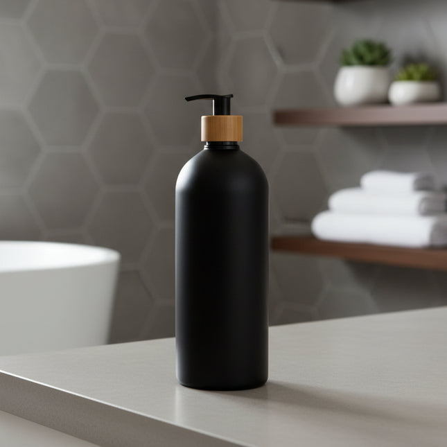 Black Bathroom Pump Bottle – 1 L Refillable Dispenser on bathroom countertop for storage organisers and under sink storage.