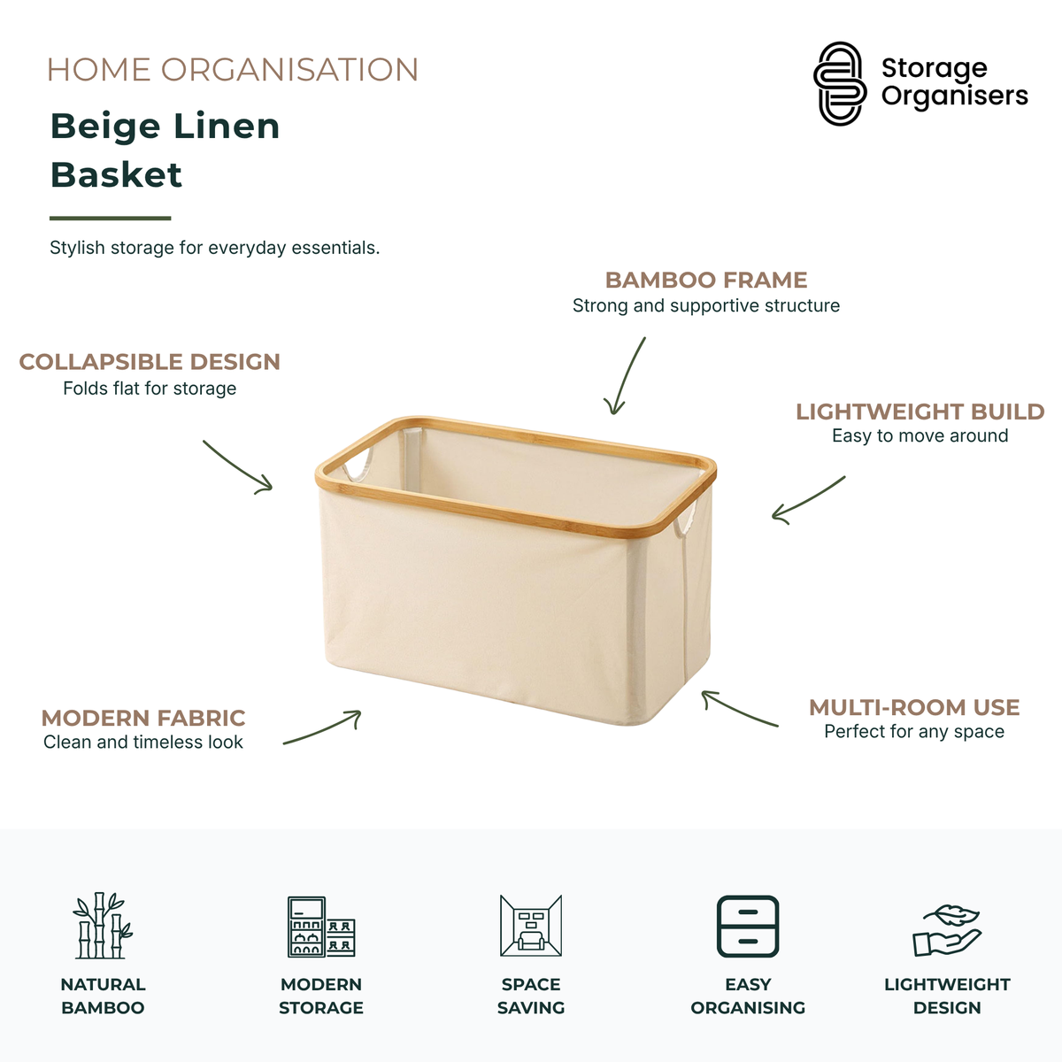 Beige linen storage basket with bamboo frame and collapsible fabric design, ideal for lightweight home organisation, shelves, laundry, and multi-room storage solutions