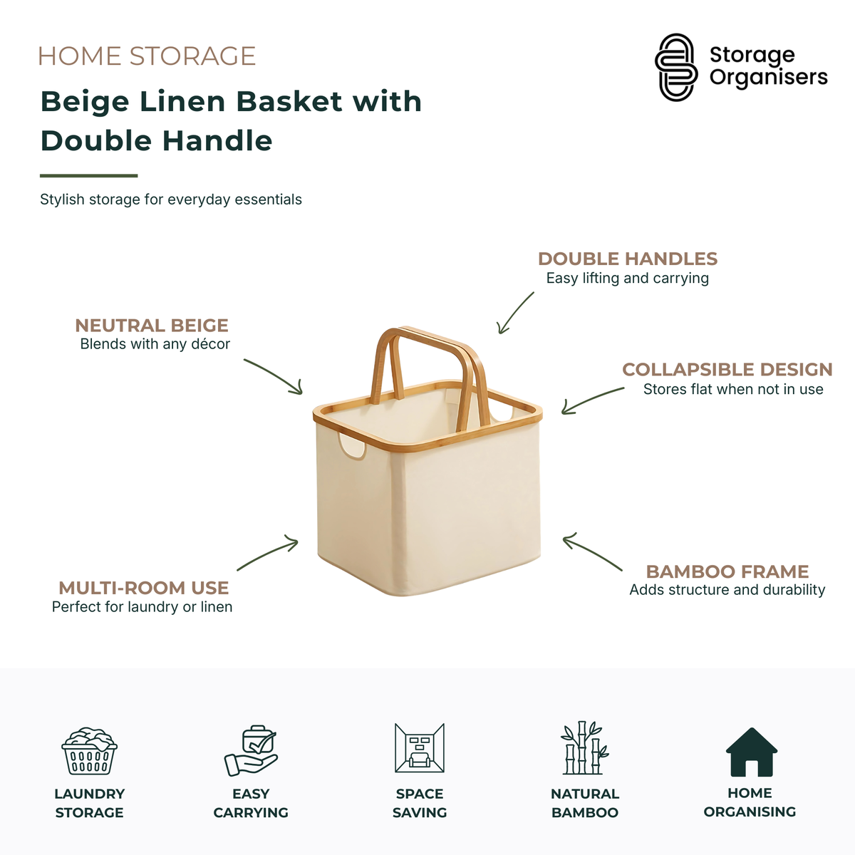 Beige linen storage basket with double bamboo handles and collapsible design. Stylish fabric storage basket for laundry, toys, blankets, towels, and household essentials, featuring a durable bamboo frame for easy carrying and space-saving home organisation.