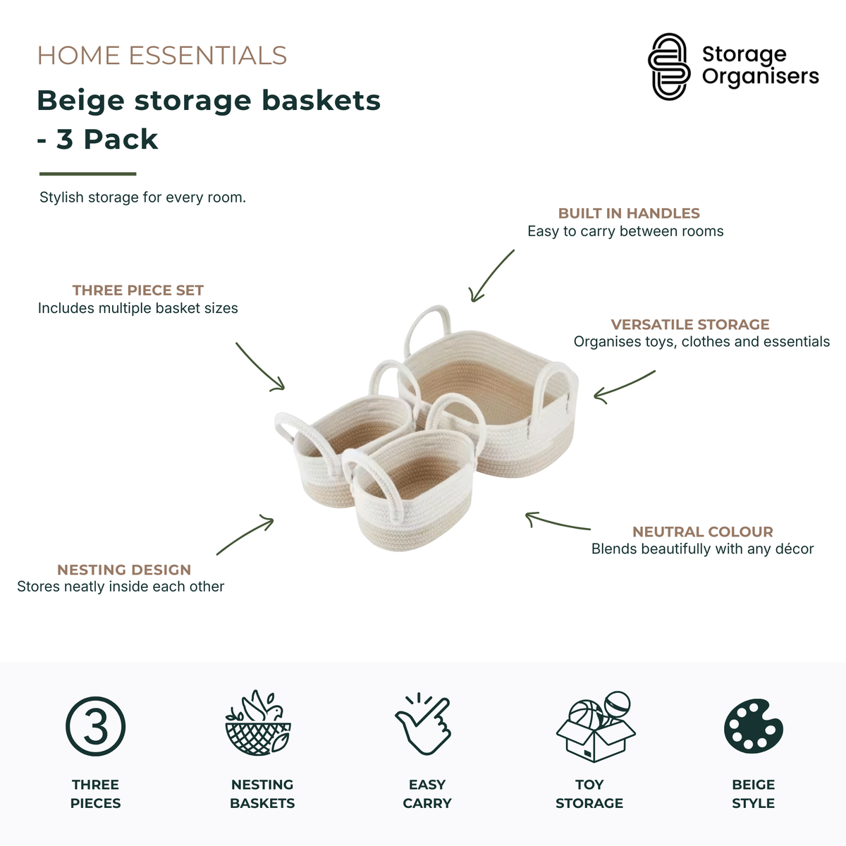 Set of 3 beige woven storage baskets with built-in handles for stylish home organisation. These nesting rope baskets come in multiple sizes and are ideal for storing toys, clothes, baby essentials, towels, toiletries, crafts, and household items. Featuring a neutral beige finish, easy-carry handles, and space-saving nesting design, they complement modern, coastal, Scandinavian, and minimalist home décor while keeping everyday essentials neatly organised.