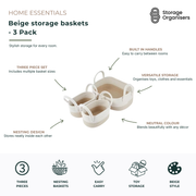 Set of 3 beige woven storage baskets with built-in handles for stylish home organisation. These nesting rope baskets come in multiple sizes and are ideal for storing toys, clothes, baby essentials, towels, toiletries, crafts, and household items. Featuring a neutral beige finish, easy-carry handles, and space-saving nesting design, they complement modern, coastal, Scandinavian, and minimalist home décor while keeping everyday essentials neatly organised.