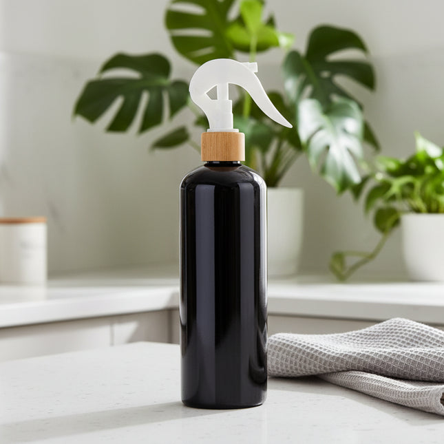 Black Spray Bottle – 500 ml Refillable Cleaner in kitchen setting, ideal for pantry organisation and storage organisers.