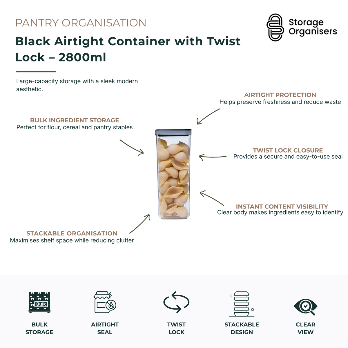 Large 2800ml black airtight storage container with twist lock lid designed for organising flour, cereals, pasta, rice and other pantry staples. The secure airtight seal helps preserve freshness, protect contents from moisture and reduce food waste, while the twist lock closure provides reliable everyday access. Its clear body allows instant visibility of ingredients, making pantry organisation simple and efficient. The stackable rectangular design maximises shelf space, reduces clutter and creates a clean, 