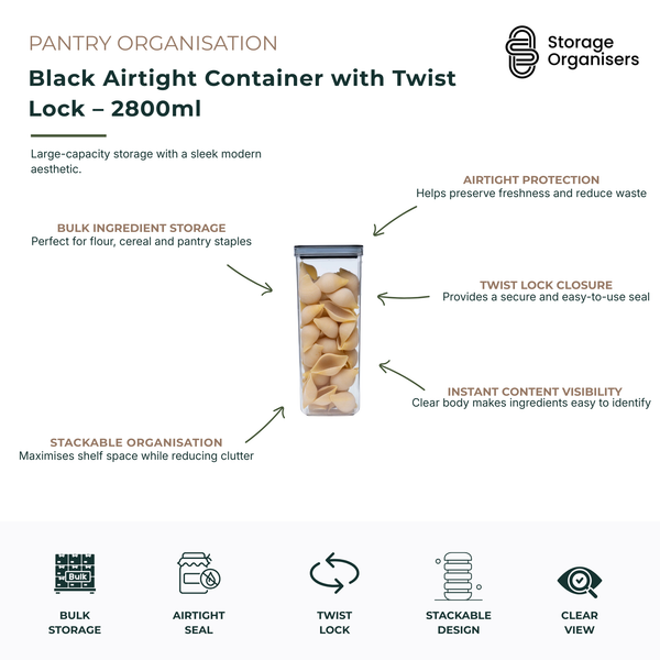 Large 2800ml black airtight storage container with twist lock lid designed for organising flour, cereals, pasta, rice and other pantry staples. The secure airtight seal helps preserve freshness, protect contents from moisture and reduce food waste, while the twist lock closure provides reliable everyday access. Its clear body allows instant visibility of ingredients, making pantry organisation simple and efficient. The stackable rectangular design maximises shelf space, reduces clutter and creates a clean, 