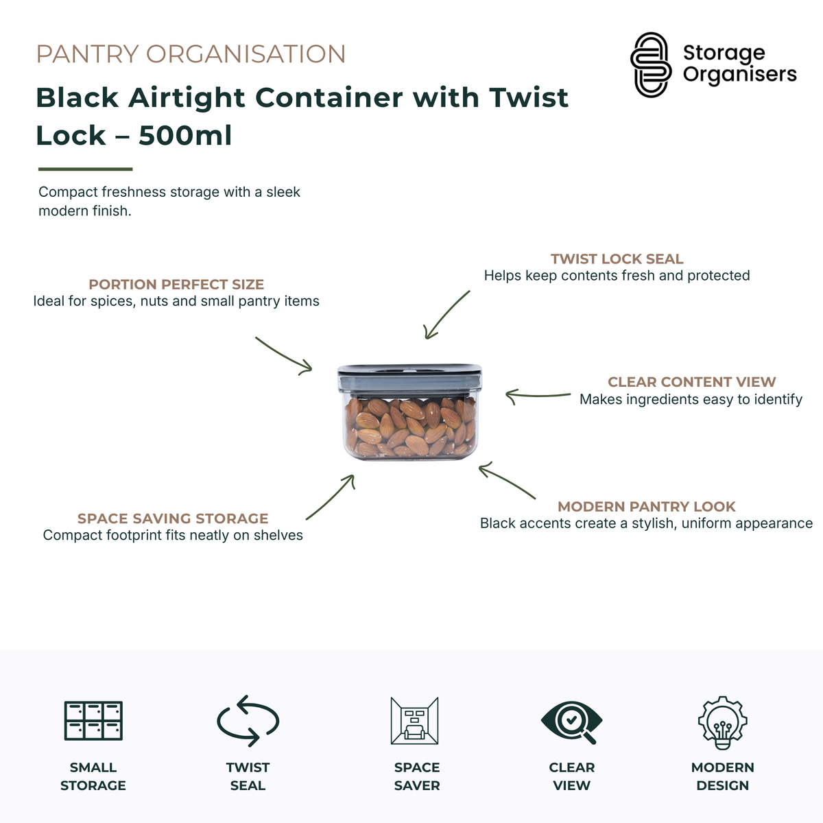 Compact 500ml black airtight storage container with twist lock lid designed for organising spices, nuts, seeds, snacks and small pantry essentials. The secure twist lock seal helps protect contents from air and moisture while maintaining freshness for longer. Its clear container body provides instant visibility, making it easy to identify ingredients without opening the lid. Featuring a space-saving design and modern black accents, this pantry storage container creates a sleek, coordinated look on shelves, 
