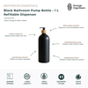 Black bathroom pump bottle 1L refillable dispenser with matte black finish and bamboo-look pump collar, designed for shampoo, conditioner, body wash, hand soap, or lotion. Large-capacity refillable bottle reduces refill frequency while creating a clean, coordinated, and minimalist bathroom aesthetic. Ideal for modern bathrooms, showers, guest bathrooms, and sustainable home organisation.