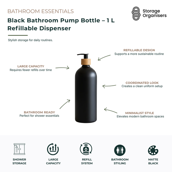 Black bathroom pump bottle 1L refillable dispenser with matte black finish and bamboo-look pump collar, designed for shampoo, conditioner, body wash, hand soap, or lotion. Large-capacity refillable bottle reduces refill frequency while creating a clean, coordinated, and minimalist bathroom aesthetic. Ideal for modern bathrooms, showers, guest bathrooms, and sustainable home organisation.