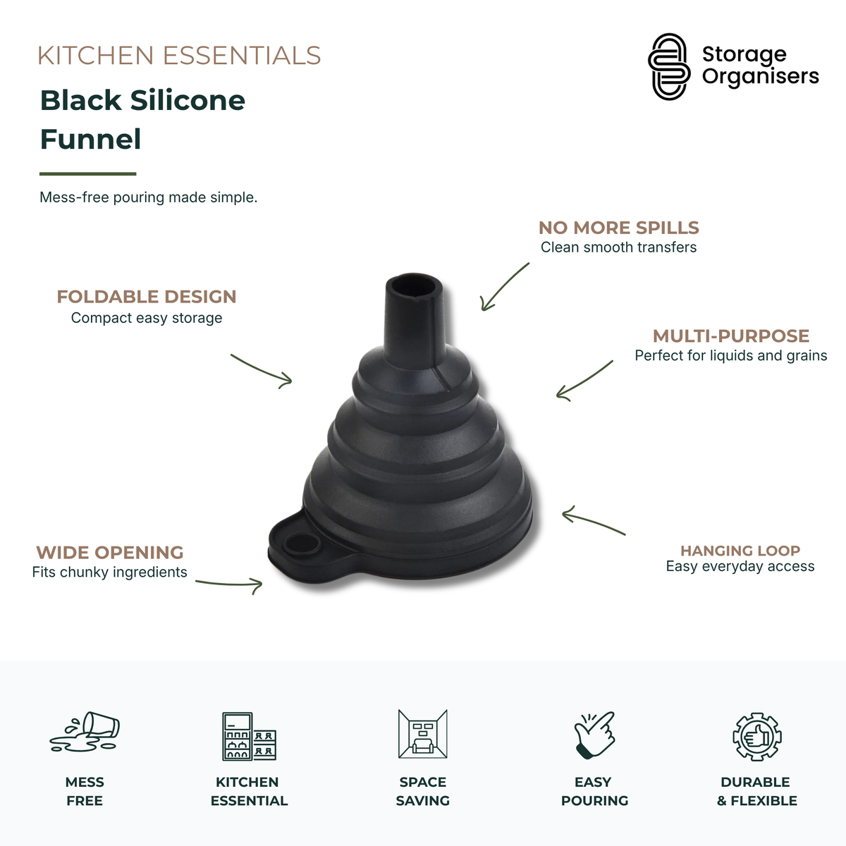 Black foldable silicone funnel for jars and liquids with collapsible space-saving design, wide opening, and spill-free pouring for kitchen storage and pantry use