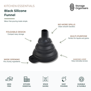 Black foldable silicone funnel for jars and liquids with collapsible space-saving design, wide opening, and spill-free pouring for kitchen storage and pantry use