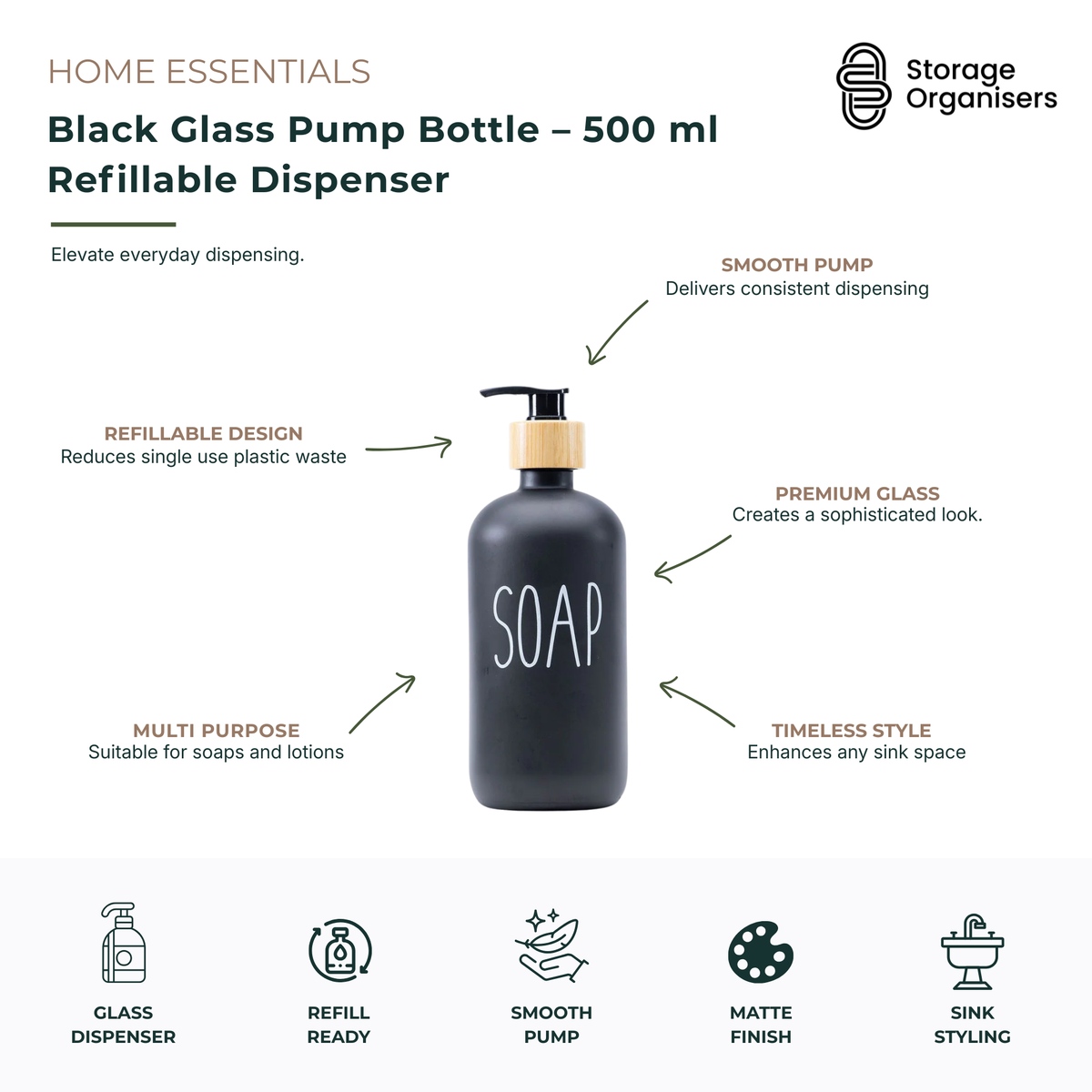 Black glass pump bottle 500ml refillable dispenser with smooth pump and bamboo-look collar, ideal for hand soap, lotion, sanitiser, shampoo, conditioner, or dishwashing liquid. Premium matte black glass design adds a modern, sophisticated touch to bathroom vanities, kitchen sinks, and laundry spaces while reducing single-use plastic waste through easy refilling and long-term reuse.