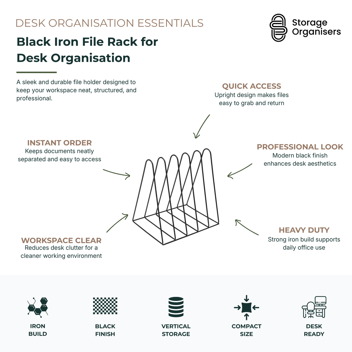 Black iron file rack for desk organisation with vertical document storage, compact workspace design, and durable metal construction for office and home desk organisation