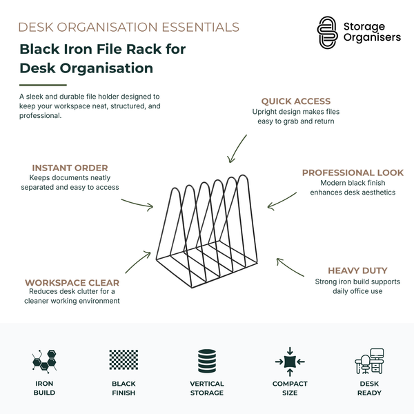 Black iron file rack for desk organisation with vertical document storage, compact workspace design, and durable metal construction for office and home desk organisation