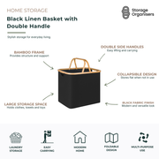 Black linen storage basket with double bamboo handles and collapsible design for stylish home organisation. Large-capacity fabric storage basket with sturdy bamboo frame, ideal for laundry, towels, blankets, toys, clothing, and household essentials. Modern black fabric finish complements bedrooms, bathrooms, laundries, living rooms, and wardrobes while providing durable, foldable storage that saves space when not in use.