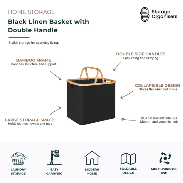 Black linen storage basket with double bamboo handles and collapsible design for stylish home organisation. Large-capacity fabric storage basket with sturdy bamboo frame, ideal for laundry, towels, blankets, toys, clothing, and household essentials. Modern black fabric finish complements bedrooms, bathrooms, laundries, living rooms, and wardrobes while providing durable, foldable storage that saves space when not in use.