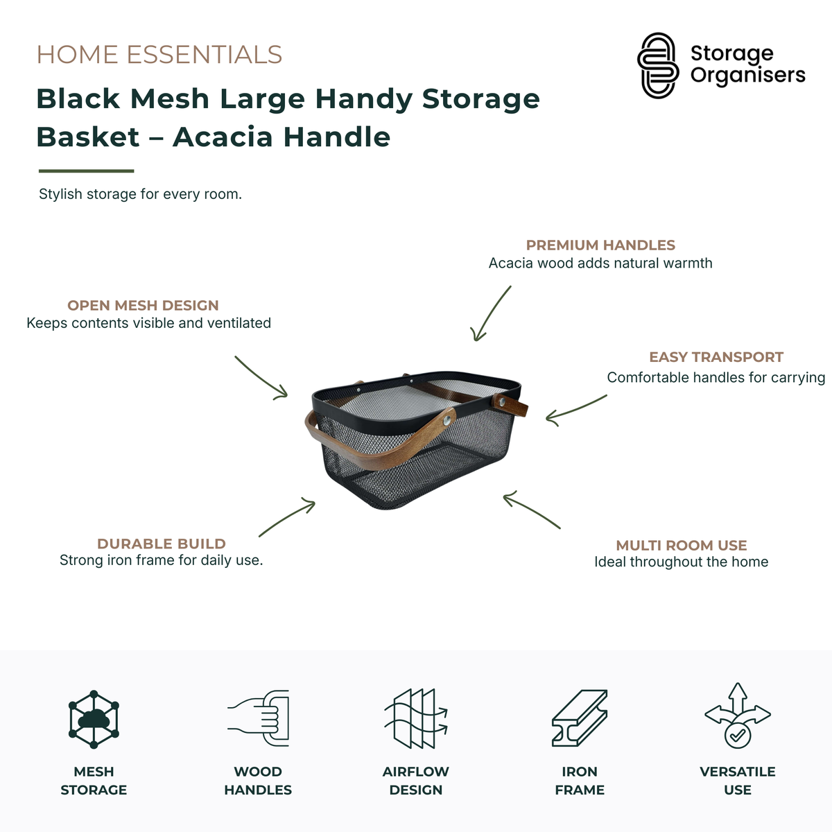 Large black mesh storage basket with acacia wood handles, designed for stylish home organisation and everyday storage. Durable iron mesh construction promotes airflow and visibility while sturdy wooden handles provide comfortable carrying. Ideal for organising pantry items, bathroom essentials, laundry supplies, toys, office accessories, and household clutter.
