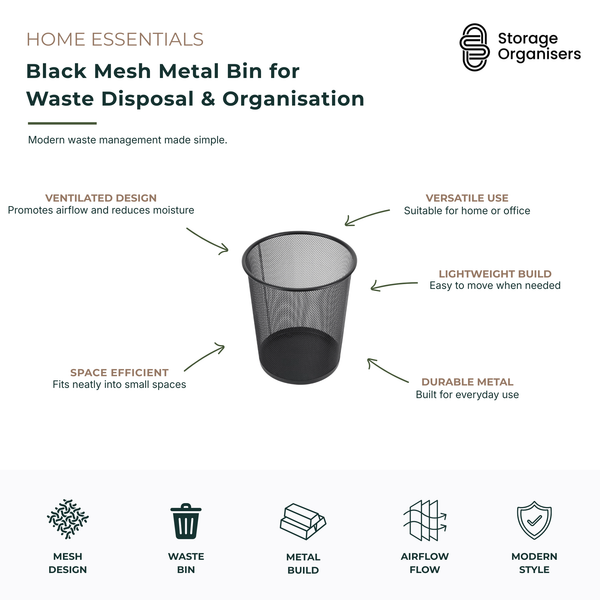 Black mesh metal waste bin with ventilated wire design for home, office, study, or workspace organisation. This lightweight and durable metal rubbish bin promotes airflow to help reduce moisture build-up while providing a modern, minimalist look. Ideal for paper waste, recycling, and everyday rubbish disposal, the compact mesh wastebasket fits neatly under desks, beside workstations, or in small living spaces.