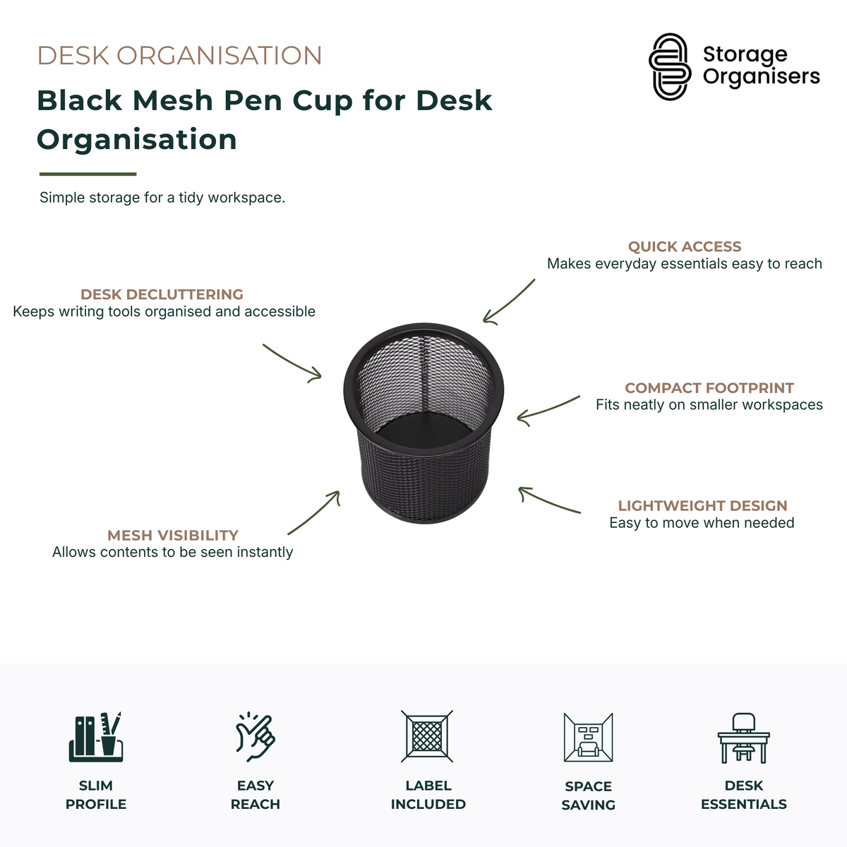 Black mesh pen cup for desk organisation designed to keep pens, pencils, markers, scissors and office supplies neatly stored and easy to access. The durable metal mesh construction provides visibility of contents while helping reduce desk clutter and maintain an organised workspace. Its compact, lightweight design fits comfortably on office desks, study areas, home offices, reception counters and classroom workstations without occupying excessive space. The sleek black finish complements modern, professiona