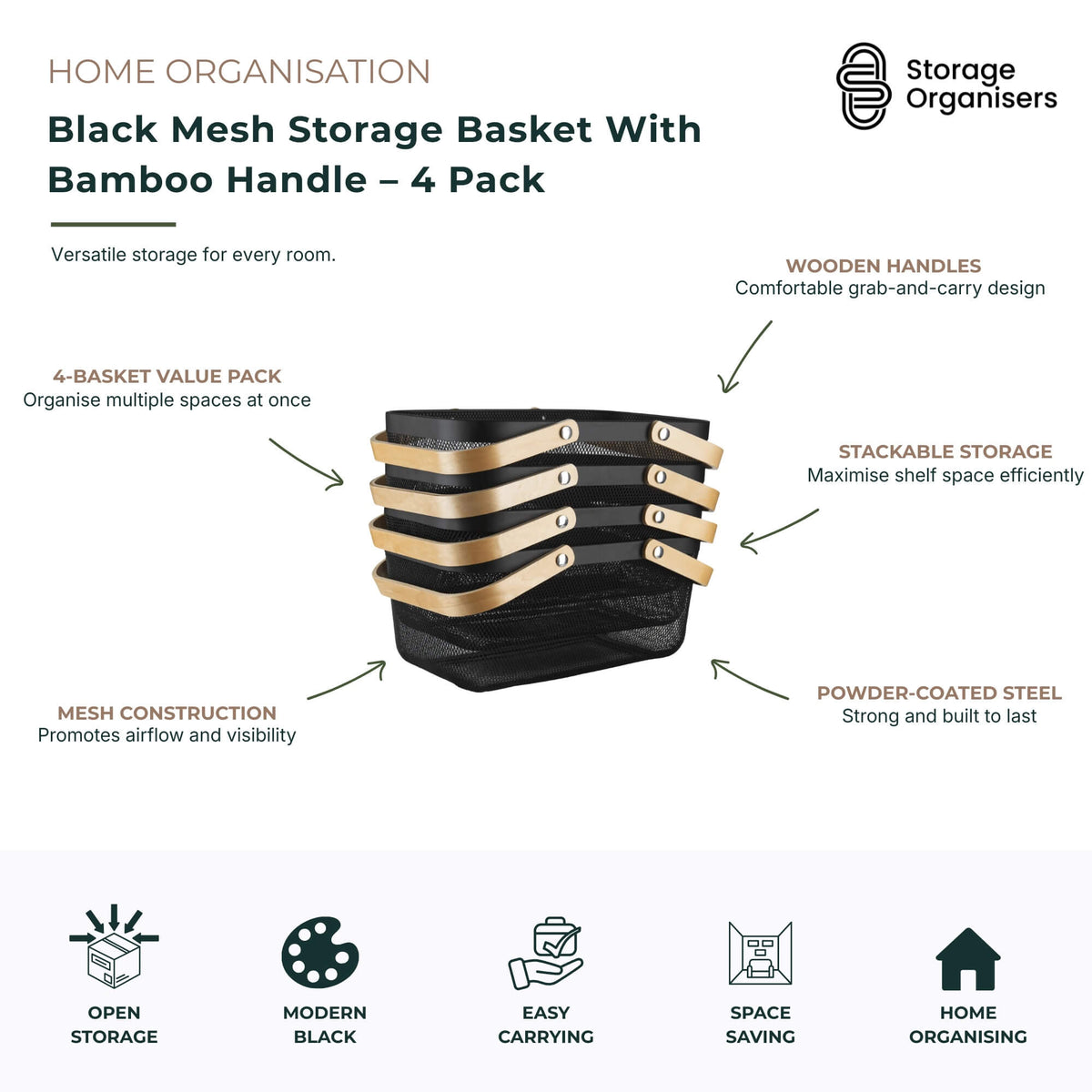 Black Mesh Storage Basket With Bamboo Handle – 4 Pack