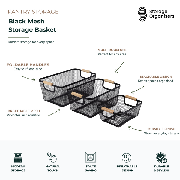 Black mesh storage basket with wooden handles for pantry and home organisation, featuring breathable metal mesh, stackable design, and multi-room storage functionality