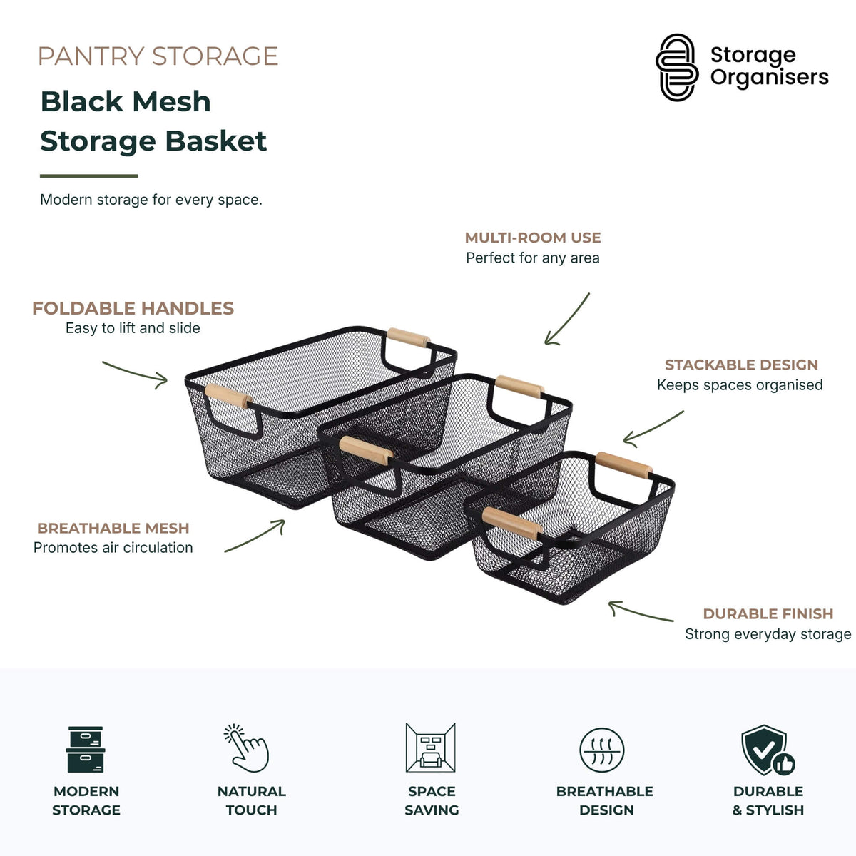 Black Mesh Basket with Wooden Handles