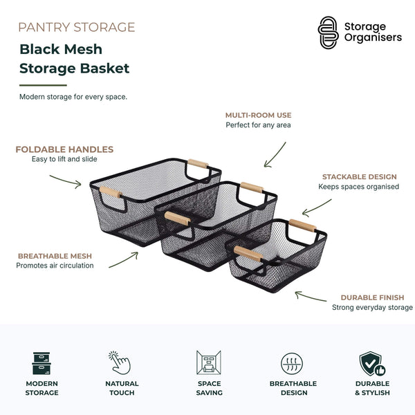 Black Mesh Basket with Wooden Handles