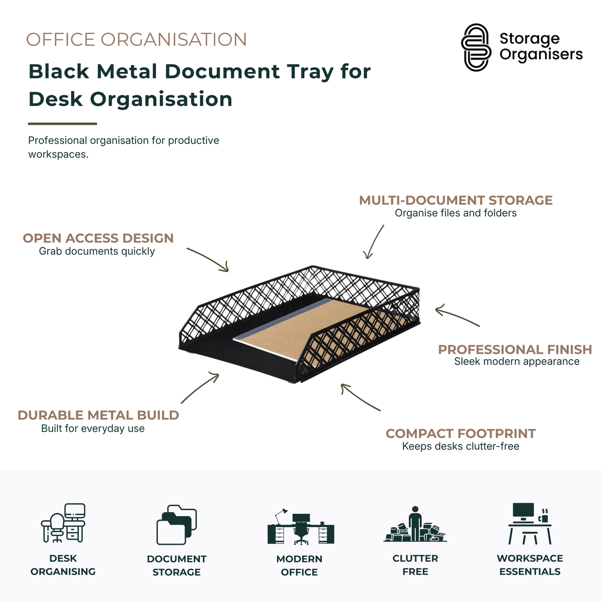 Black metal document tray for desk organisation with durable mesh construction and open-access design for easy document retrieval. Ideal for organising files, folders, paperwork, mail, and office supplies while maintaining a clutter-free workspace. Features a compact footprint, professional black finish, and multi-document storage for home offices, study areas, and business workstations.