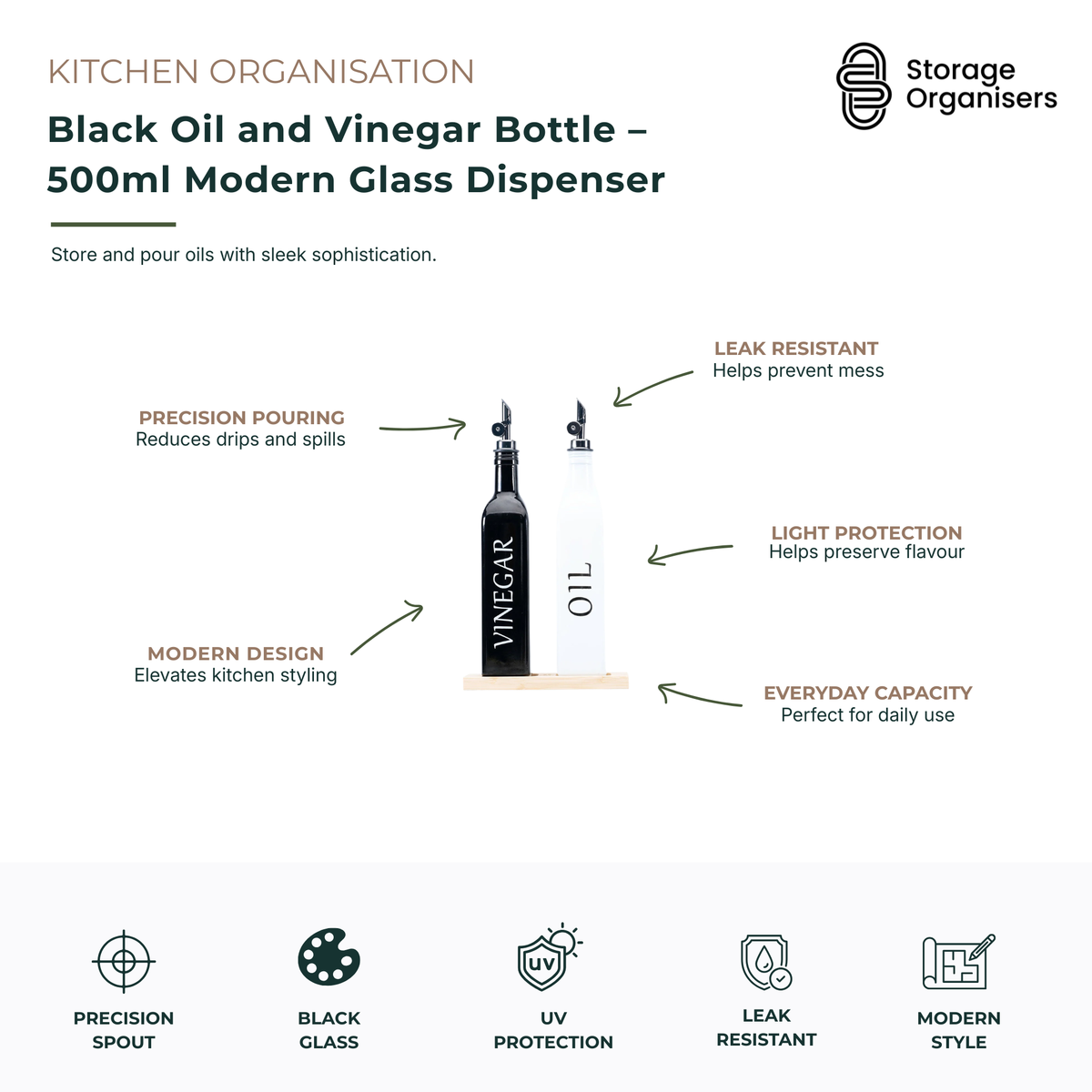 500ml black oil and vinegar glass dispenser bottle with precision pouring spout, designed for stylish kitchen organisation and everyday cooking. Features UV-protective black glass to help preserve the freshness and flavour of oils, leak-resistant construction to reduce spills, and a sleek modern design that complements contemporary kitchens. Ideal for storing and dispensing olive oil, vinegar, dressings, infused oils, and other liquid condiments.