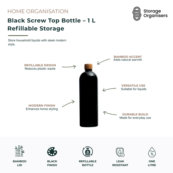 Black 1 litre refillable storage bottle with bamboo screw top lid for organising household liquids, cleaning products, and home storage solutions