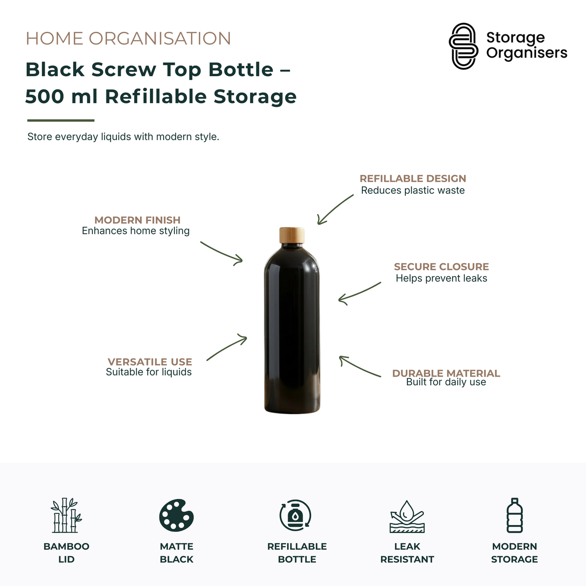 500ml black screw top refillable storage bottle with a bamboo-look lid, designed for stylish and reusable liquid storage. Ideal for storing cleaning solutions, bathroom products, body wash, shampoo, conditioner, lotions or household liquids. Featuring a secure leak-resistant screw cap, durable construction and modern matte black finish, this refillable bottle helps reduce single-use plastic waste while creating a clean, organised and contemporary home aesthetic.