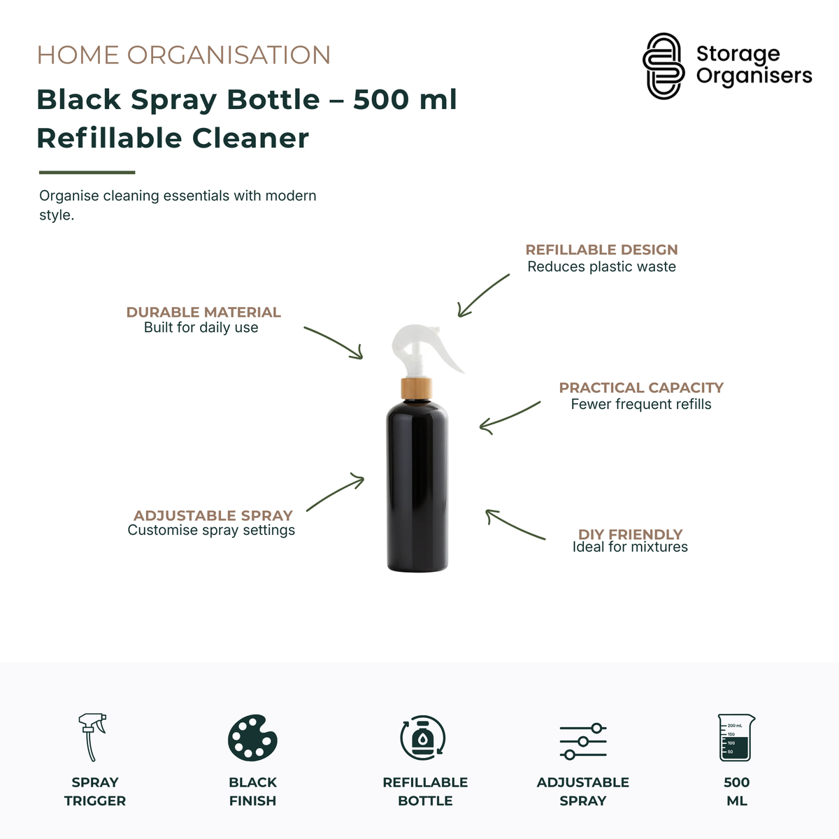 500ml black refillable spray bottle with adjustable trigger nozzle and bamboo-look collar, designed for stylish and practical home organisation. Ideal for storing household cleaning solutions, DIY cleaning mixtures, plant misters, disinfectants, room sprays or laundry sprays. Features a durable reusable design, adjustable spray settings, generous 500ml capacity and modern matte black finish that helps reduce single-use plastic waste while keeping cleaning essentials organised and accessible.