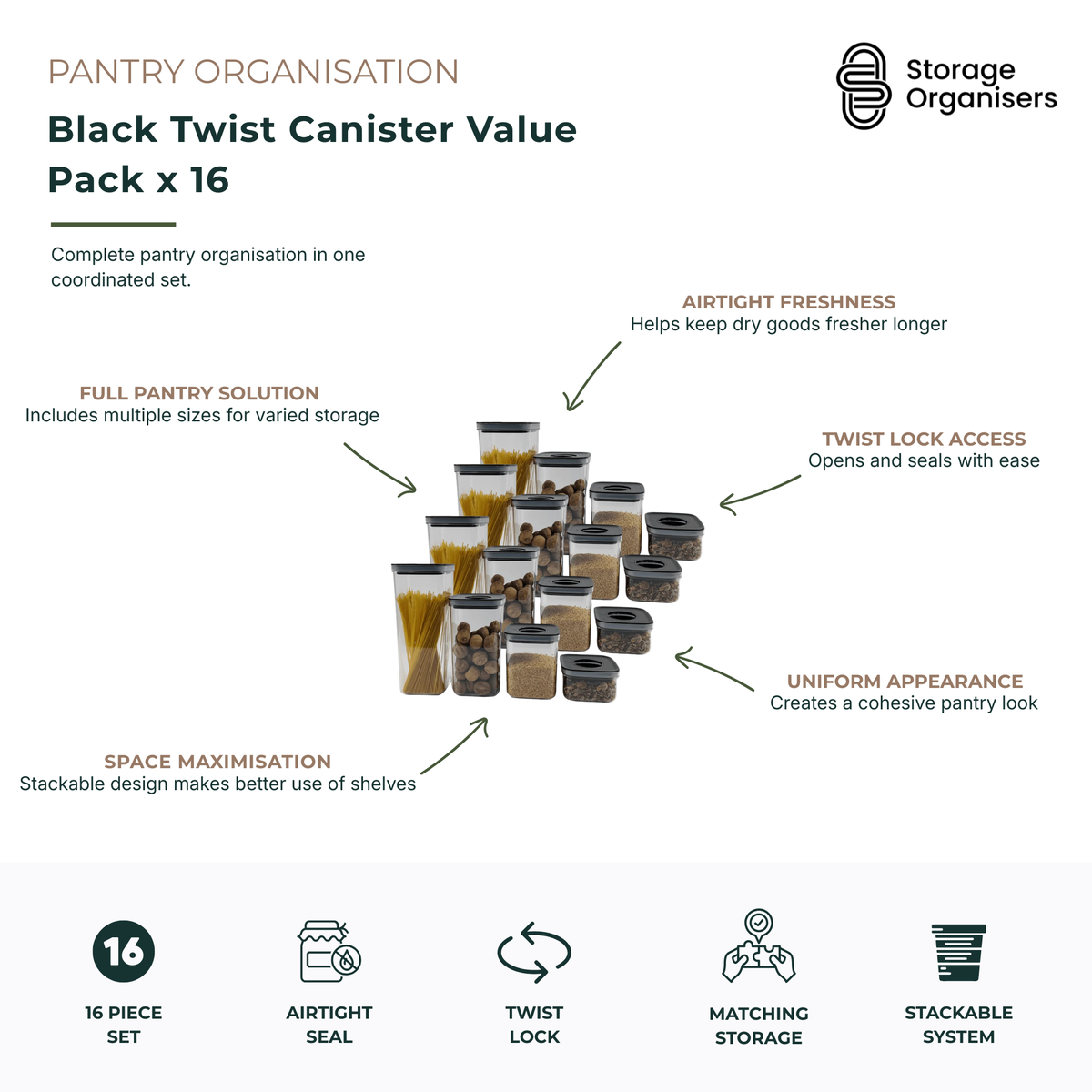16-piece black twist canister value pack featuring a coordinated collection of airtight food storage containers in multiple sizes for complete pantry organisation. Each container includes a secure twist-lock lid designed to help preserve freshness, flavour and quality while protecting dry goods from moisture and air exposure. The stackable design maximises shelf space and creates an organised pantry layout, while the uniform black lids deliver a modern, cohesive appearance. Ideal for storing pasta, rice, gr