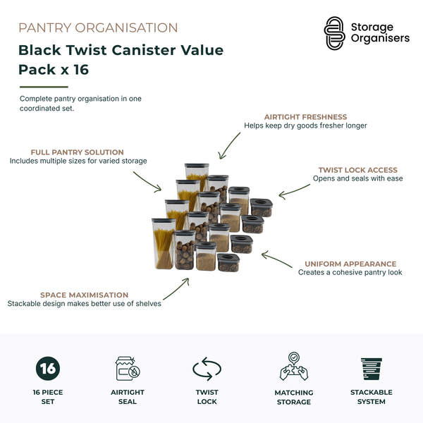 16-piece black twist canister value pack featuring a coordinated collection of airtight food storage containers in multiple sizes for complete pantry organisation. Each container includes a secure twist-lock lid designed to help preserve freshness, flavour and quality while protecting dry goods from moisture and air exposure. The stackable design maximises shelf space and creates an organised pantry layout, while the uniform black lids deliver a modern, cohesive appearance. Ideal for storing pasta, rice, gr