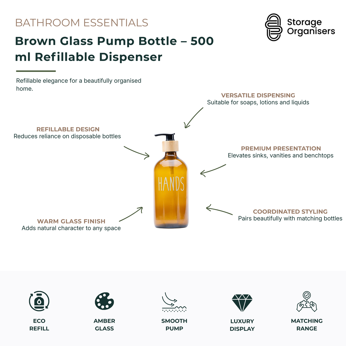 500ml brown glass pump bottle refillable dispenser with a smooth pump and natural bamboo-look collar, designed for stylish bathroom and kitchen organisation. Ideal for hand soap, dishwashing liquid, shampoo, conditioner, body wash, lotion, sanitiser, and other liquid products. The amber glass bottle adds warmth and sophistication to sinks, vanities, benchtops, and shower spaces while supporting a reusable, eco-friendly lifestyle. Durable refillable design helps reduce single-use plastic waste and creates a 