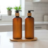 Amber Plastic Pump Bottles + Bamboo Tray – 500 ml Set