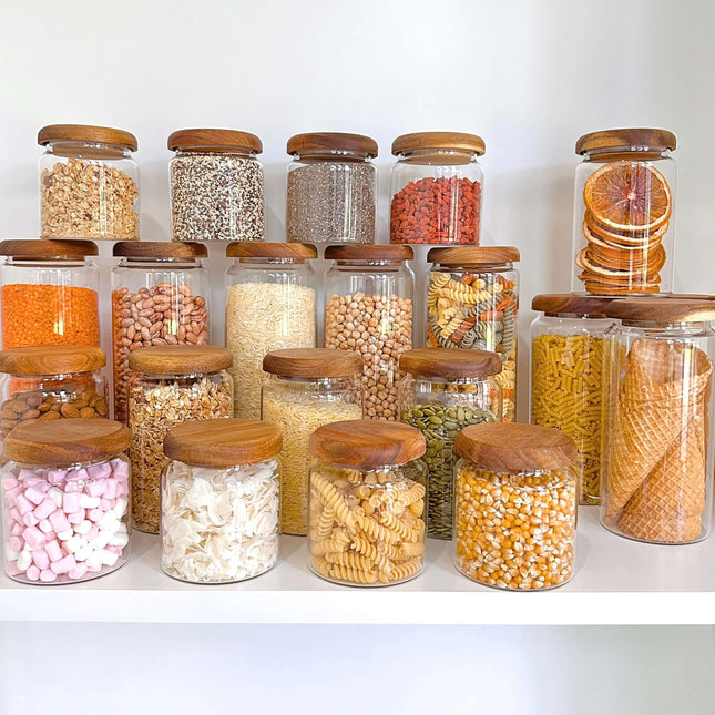 Alt Tag: Acacia Glass Jar Deluxe Pantry – 21 Pack on a shelf, perfect for kitchen and pantry organisation, showcasing efficient storage organisers.
