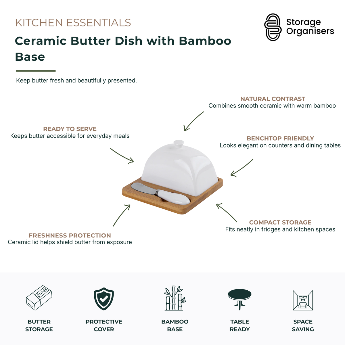 Ceramic butter dish with bamboo base and matching butter knife designed to keep butter fresh, protected and ready to serve. Featuring a smooth ceramic cover that helps shield butter from exposure and maintain freshness, this elegant butter keeper combines modern white ceramic with a natural bamboo tray for a warm, stylish look. The compact design fits neatly in refrigerators, on kitchen countertops or dining tables, making it ideal for everyday use. Perfect for butter storage, table presentation, kitchen or