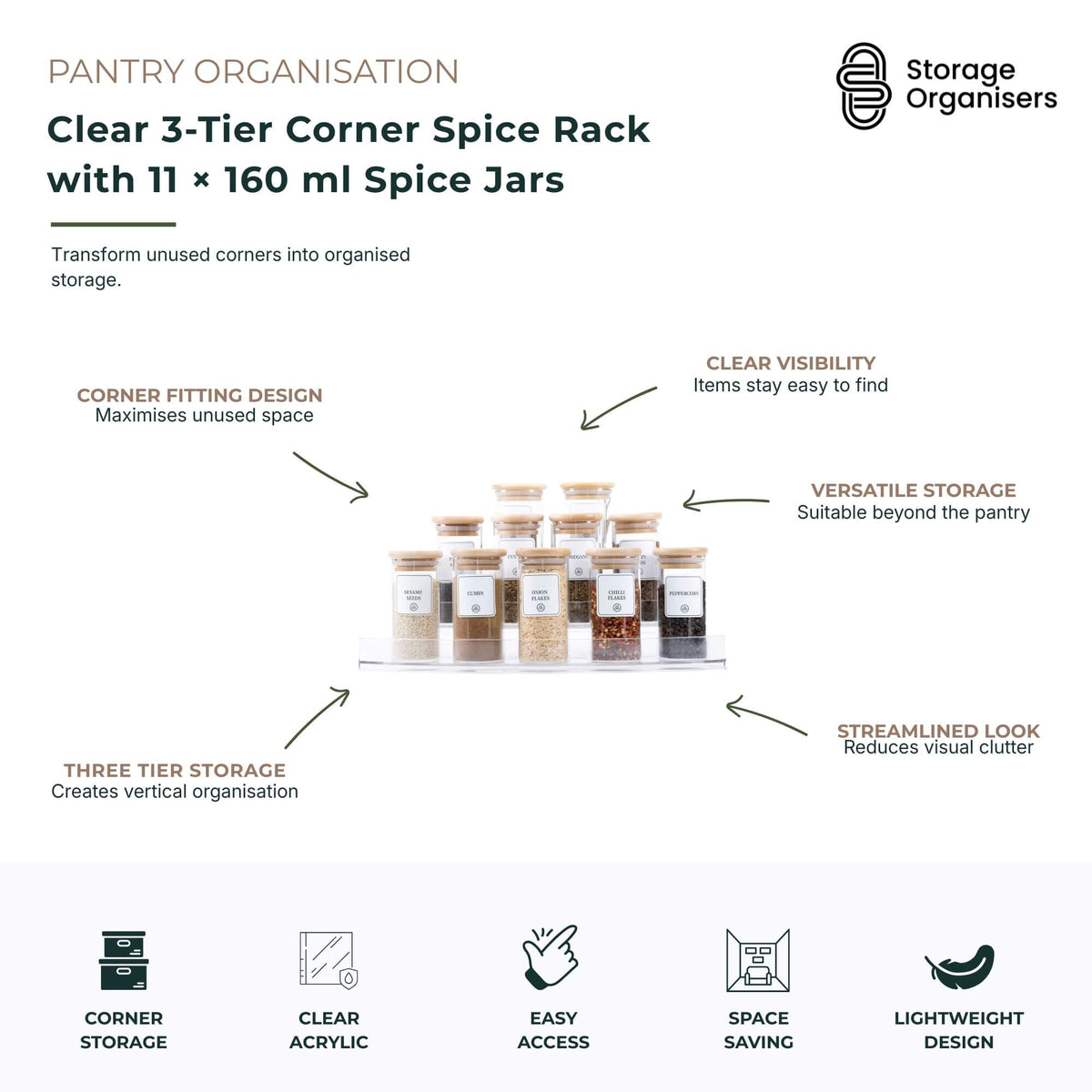 Clear 3-Tier Corner Spice Rack with 11 × 160 ml Spice Jars