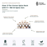 Clear 3-Tier Corner Spice Rack with 11 × 160 ml Spice Jars