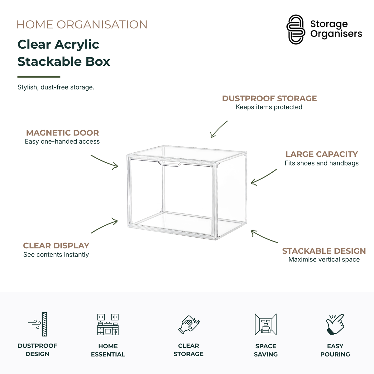 Large clear acrylic stackable storage box with magnetic front door, designed for dustproof shoe storage, handbag organisation, wardrobe storage, and space-saving home organisation.