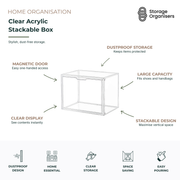 Large clear acrylic stackable storage box with magnetic front door, designed for dustproof shoe storage, handbag organisation, wardrobe storage, and space-saving home organisation.