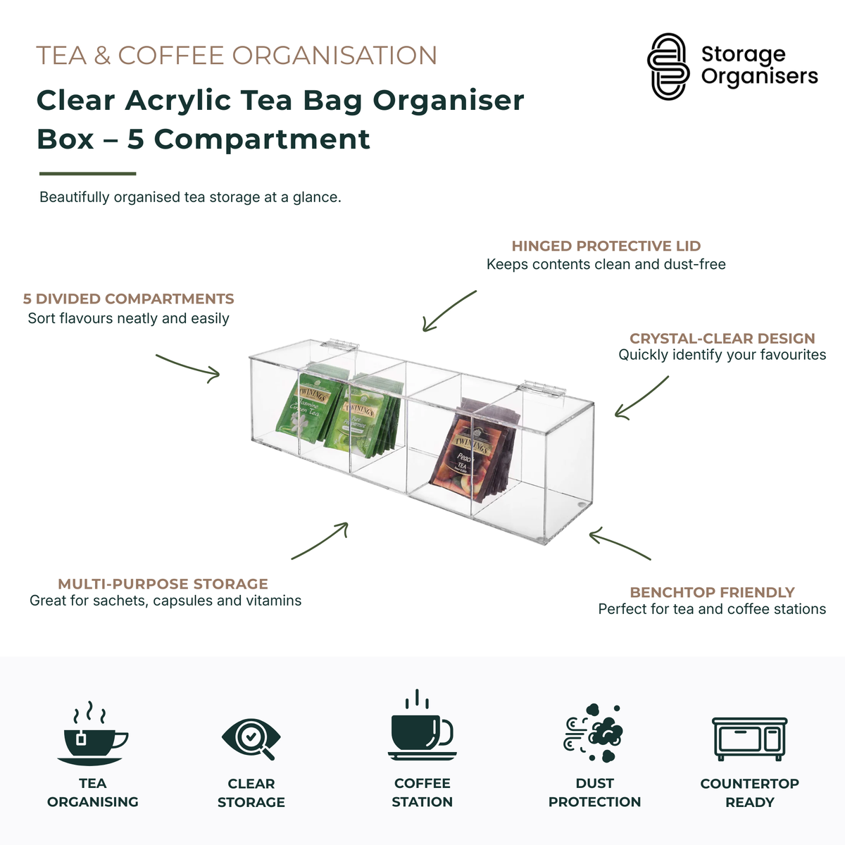 Clear acrylic tea bag organiser box with 5 compartments and hinged lid, designed for neatly storing and displaying tea bags, coffee sachets, sweeteners, sachets, and drink accessories. Crystal-clear countertop storage container keeps contents visible, organised, dust-free, and easily accessible for tea and coffee stations, kitchen benches, office break rooms, and pantry organisation.
